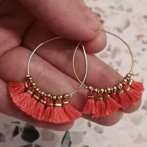 Coral/Red and Gold Teardrop Tassel Hoop Earrings